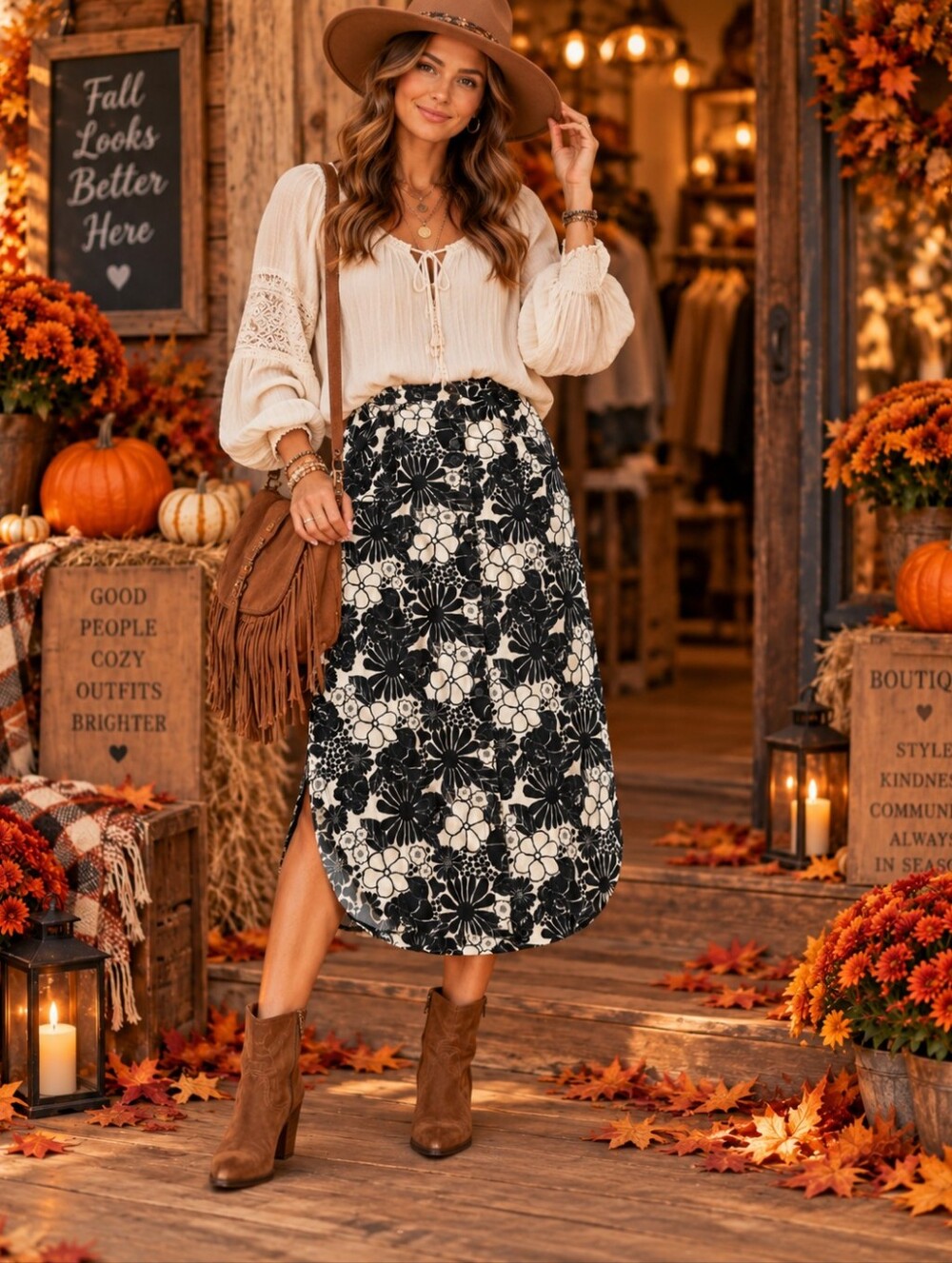 NWT Cato Fashions Black & White Floral Button-Front Midi Skirt - Size M Boho